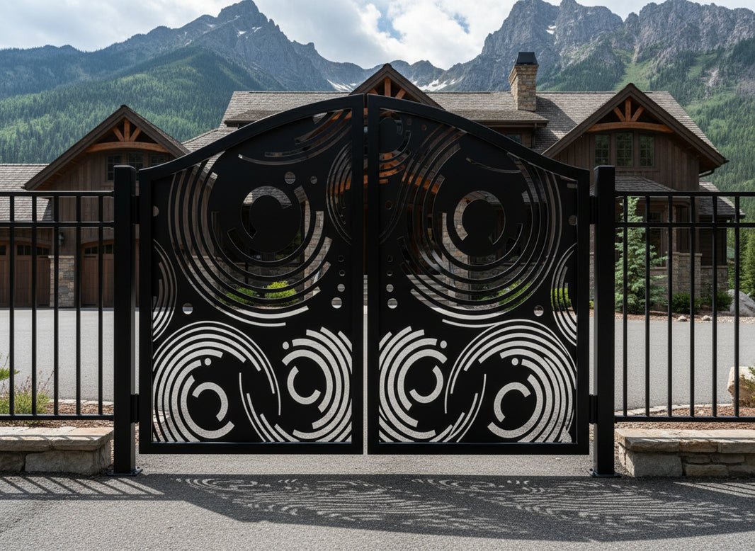 Orbitveil Passage – Contemporary double-panel metal man door with concentric ring lattice and arc-dot detailing Model # MG296