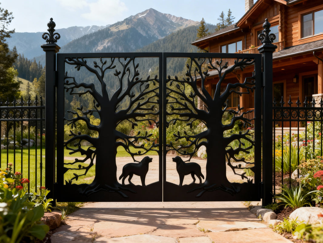 Dogtree Passage – Artistic double-panel man door with mirrored dogs, stylized tree silhouettes, and leaf accents Model # MG300