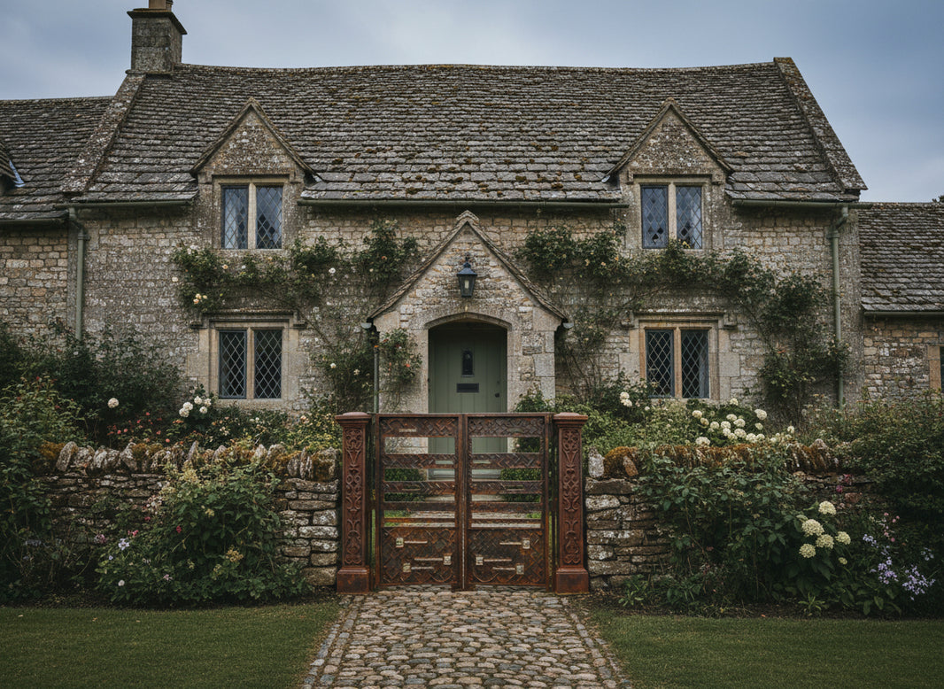 Rustveil Passage – Vintage double-panel wrought iron man door with geometric lattice, scrollwork columns, and antique patina Model # MG301