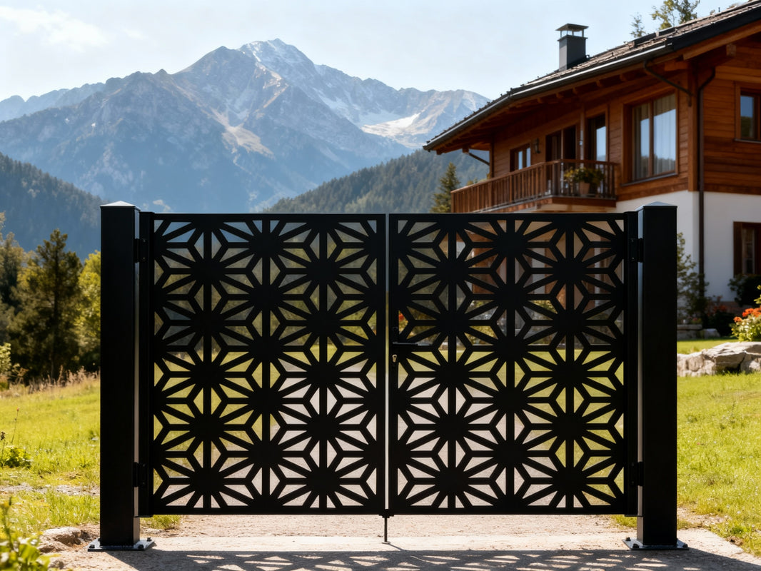 Starveil Passage – Geometric double-panel metal man door with symmetrical starburst lattice and trapezoidal cut-outs Model # MG303
