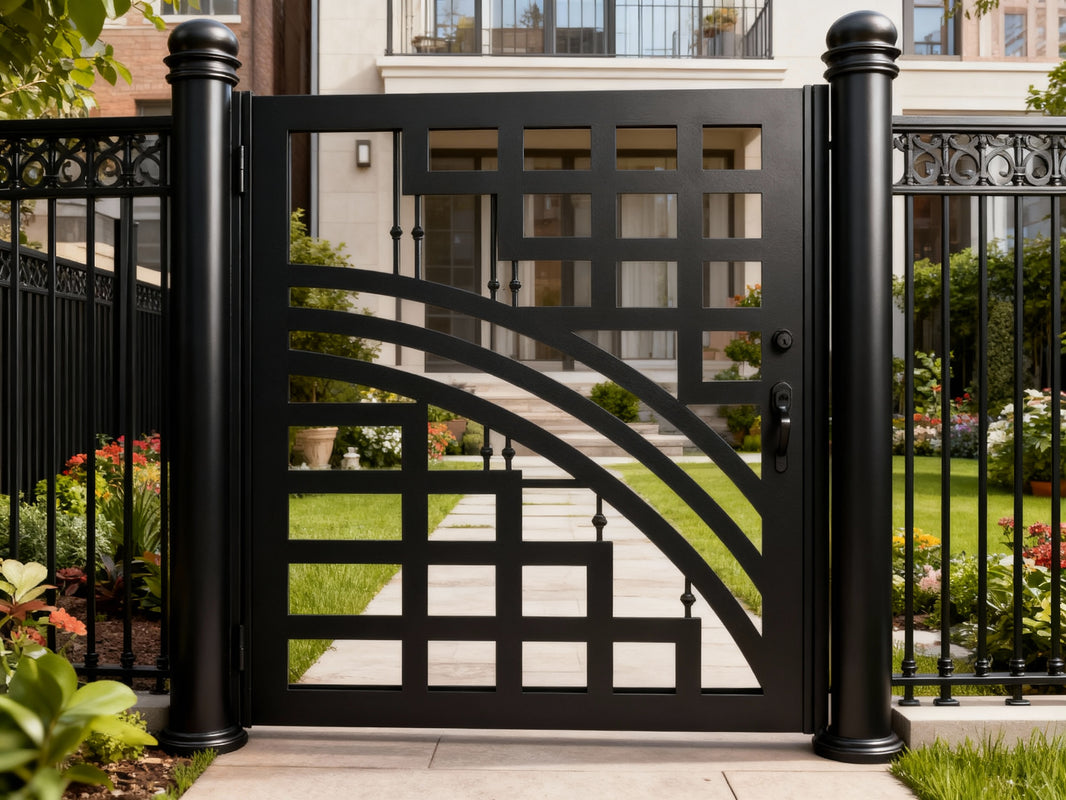 Stairline Passage – Architectural man door with geometric grid, sweeping curves, and baluster-style verticals Model # MG307