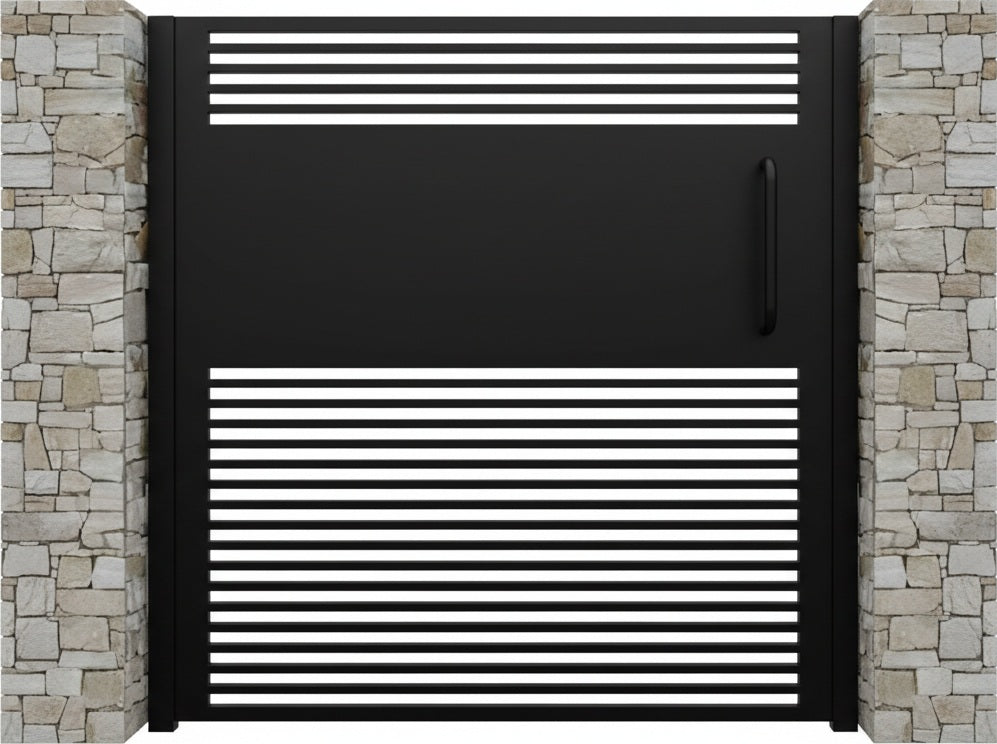 Stone-veil Passage – Modern horizontal slat man door with solid center panel Model # MG309