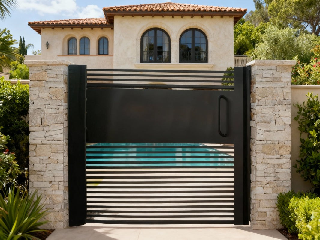 Stone-veil Passage – Modern horizontal slat man door with solid center panel Model # MG309