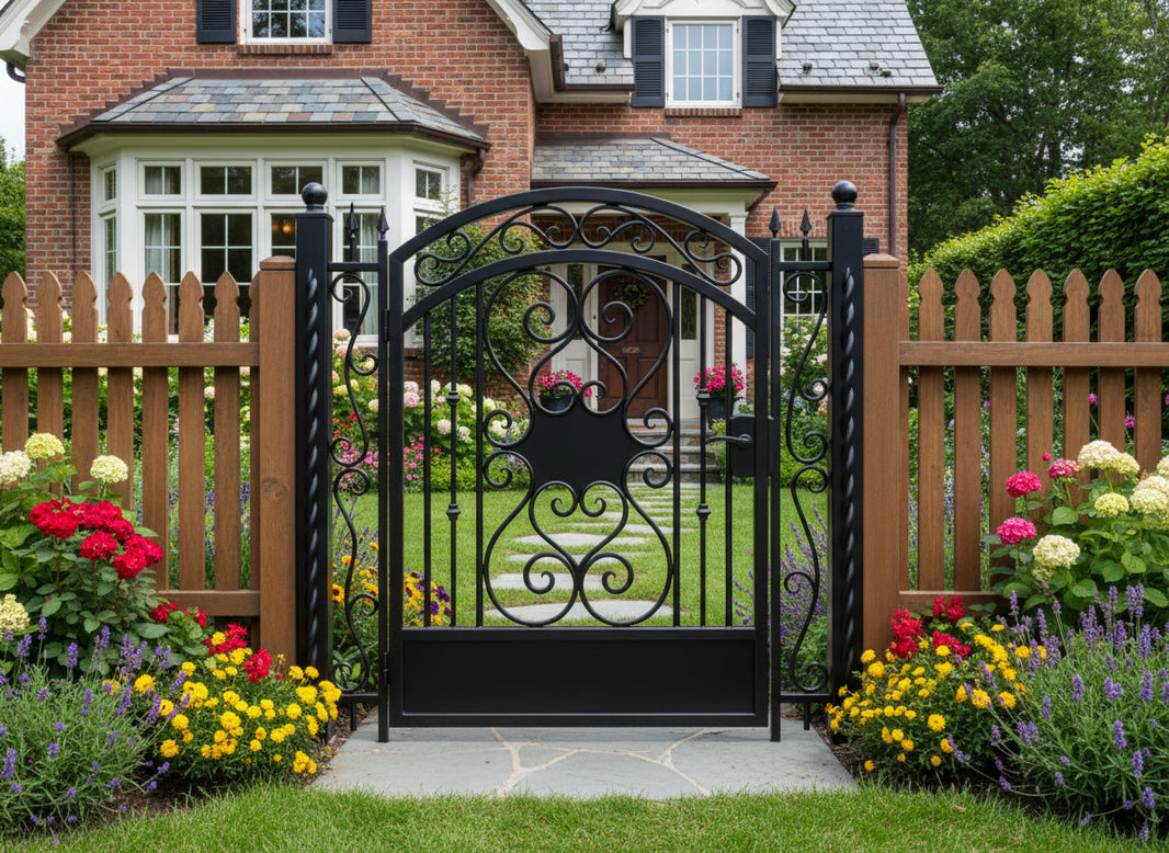 Floralveil Passage – Ornamental wrought iron man door with central swirl motif, arched scroll crown, and triple floral base Model # MG310