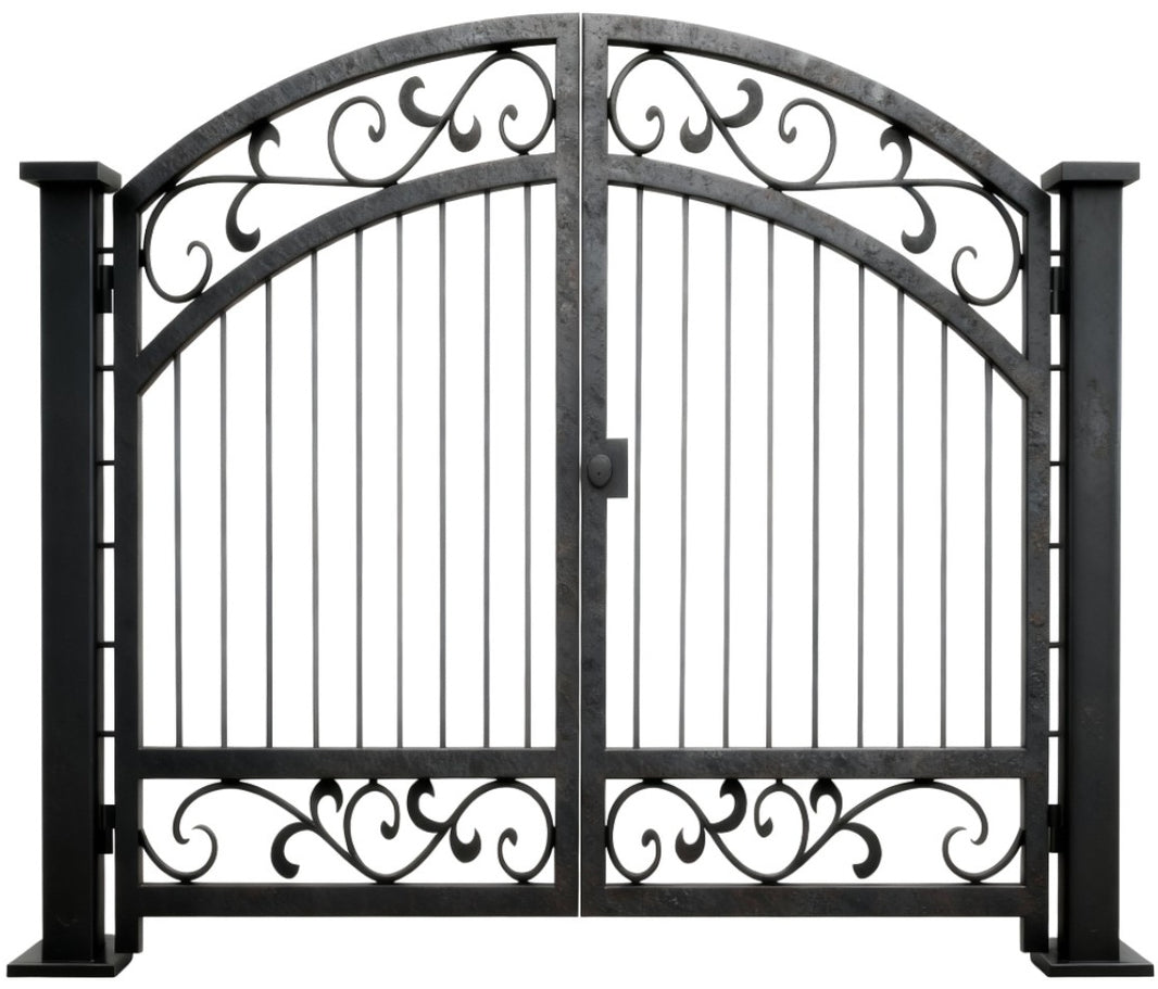 Scrollarch Passage – Classic double-panel wrought iron man door with arched top, vertical bars, and ornamental scrollwork Model # MG311