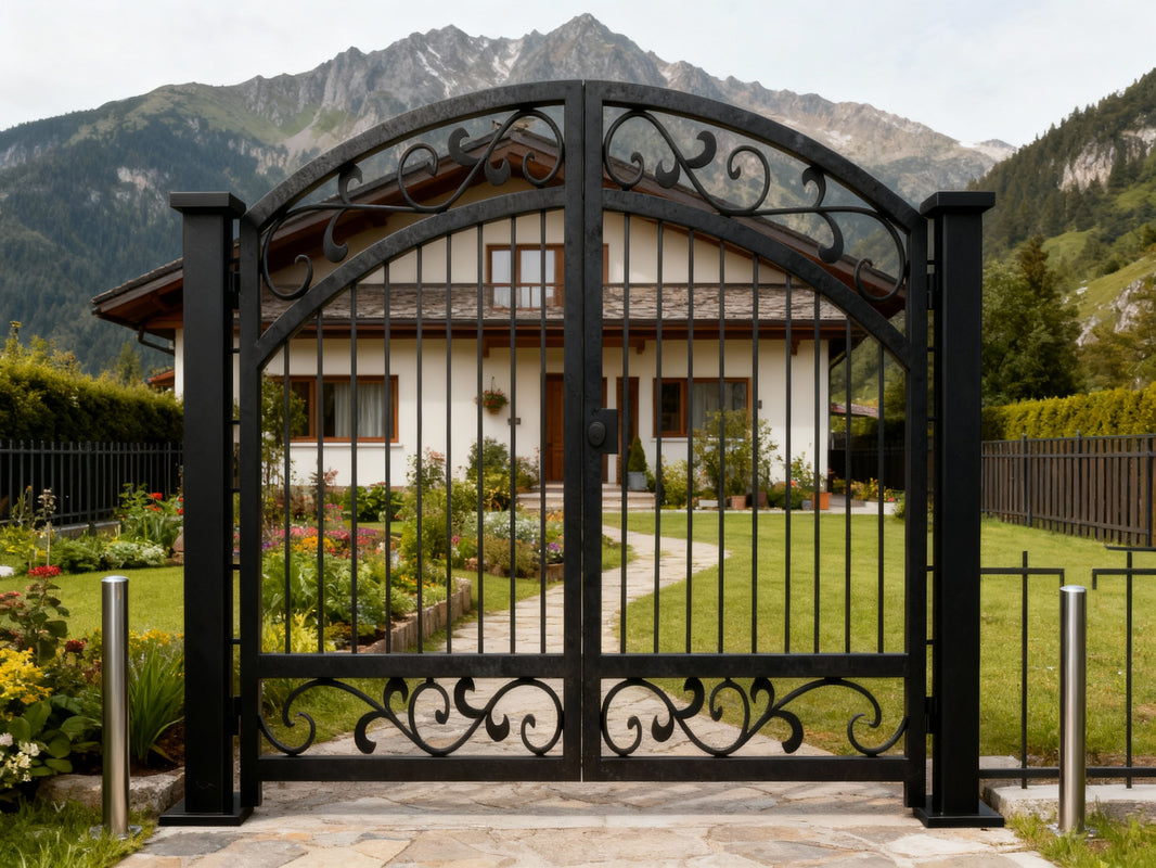 Scrollarch Passage – Classic double-panel wrought iron man door with arched top, vertical bars, and ornamental scrollwork Model # MG311