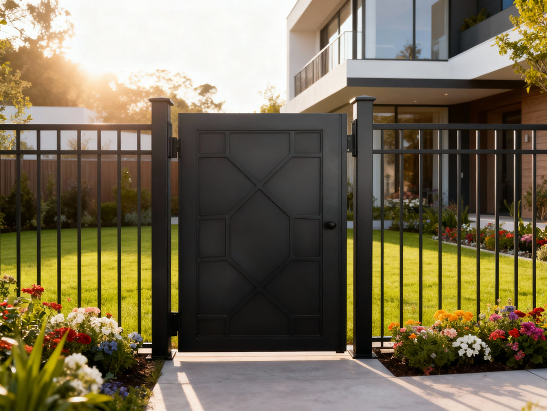 Orbitline Passage – Modern geometric man door with circular centerpiece, intersecting gridwork, and solid base panel Model # MG314