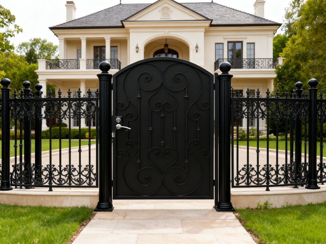 Heartspire Passage – Ornamental wrought iron man door with heart-scroll lattice, arched crown, and symmetrical floral accents Model # MG315