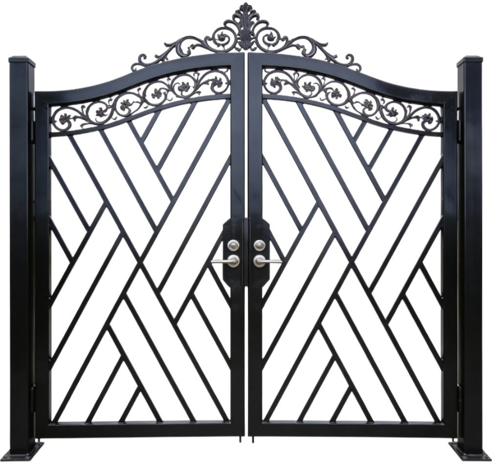 Diamonflare Passage – Ornamental wrought iron man door with diagonal lattice, scrollwork crown, and pyramid panel texture Model # MG319