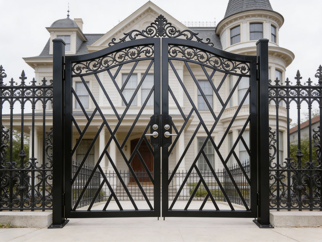 Diamonflare Passage – Ornamental wrought iron man door with diagonal lattice, scrollwork crown, and pyramid panel texture Model # MG319