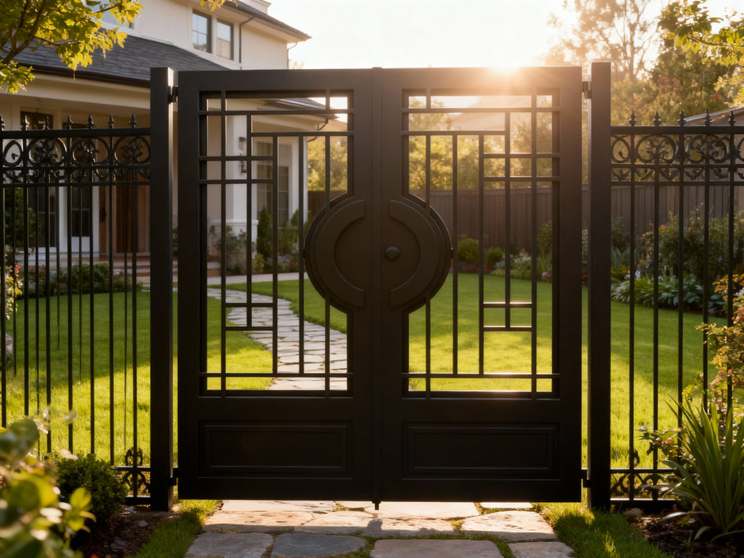 Circlegrid Passage – Modern double-panel man door with circular centerpiece, geometric gridwork, and solid base panels Model # MG320
