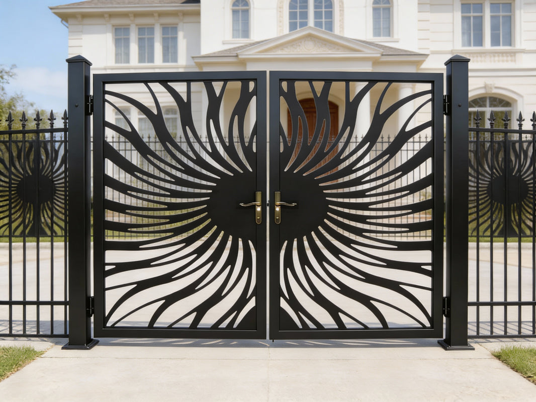 Rayburst Passage – Ornamental metal man door with abstract sunray cutout lattice and symmetrical organic geometry Model # MG321