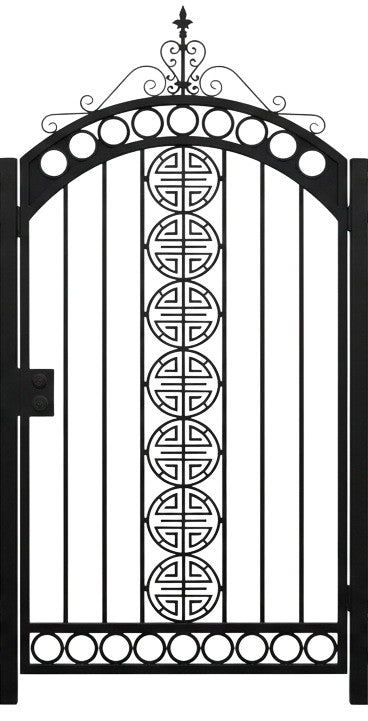 Circlecrest Passage – Ornamental wrought iron man door with vertical medallion column, arched scroll crown, and symmetrical lattice Model # MG322