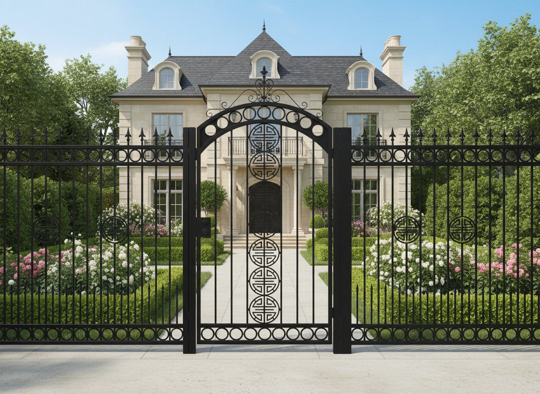 Circlecrest Passage – Ornamental wrought iron man door with vertical medallion column, arched scroll crown, and symmetrical lattice Model # MG322