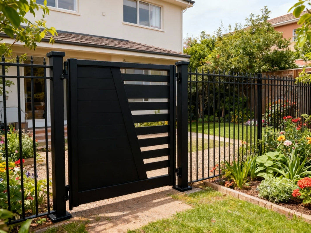 Slant form Passage – Modern diagonal panel man door with horizontal slat contrast Model # MG324