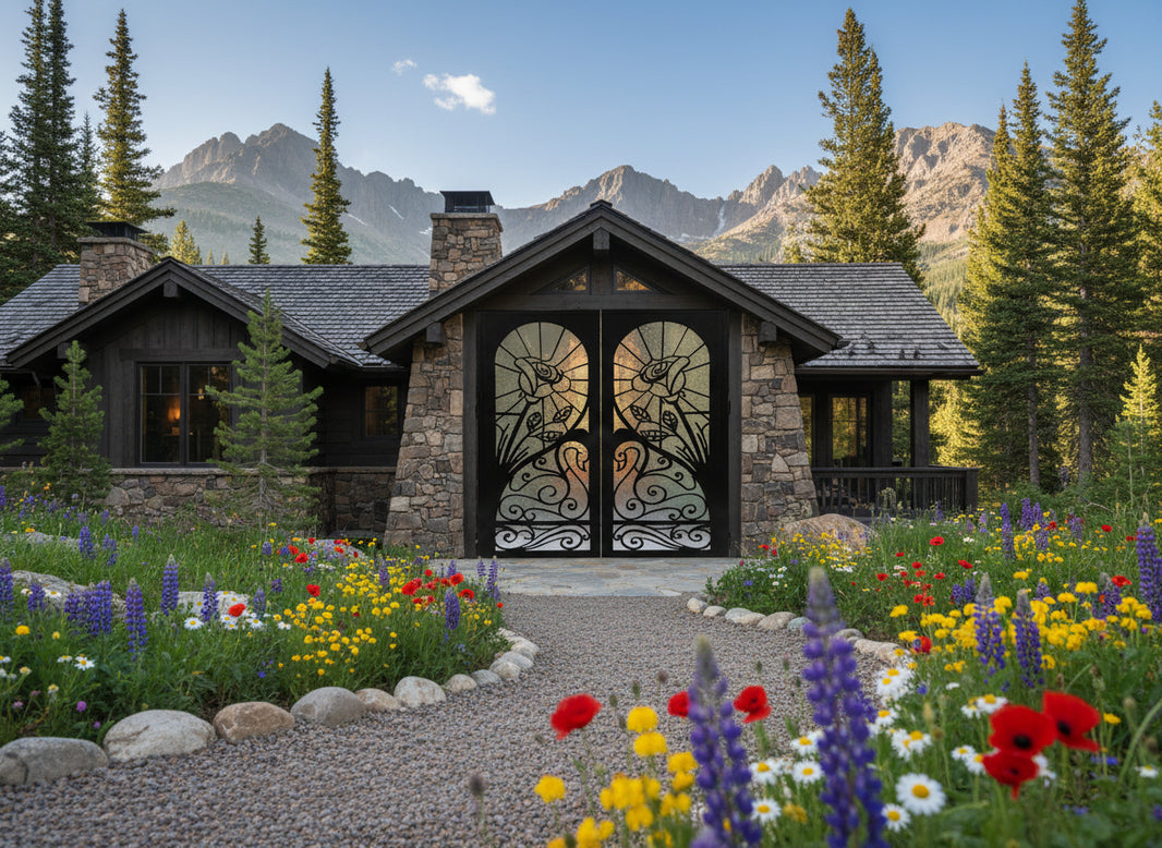 Roseswan Passage – Artistic wrought iron man door with rose medallions, swan silhouettes, and radiant linework Model # MG327