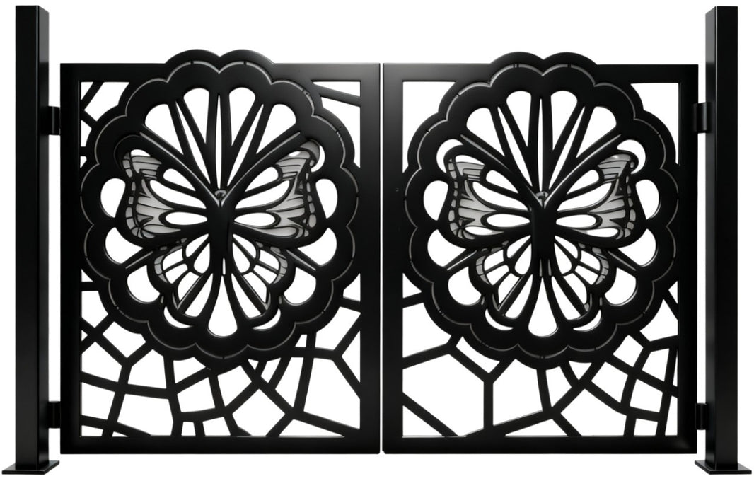 Butterweb Passage – Artistic double-panel man door with scalloped butterfly medallions and web-like geometric lattice Model # MG329