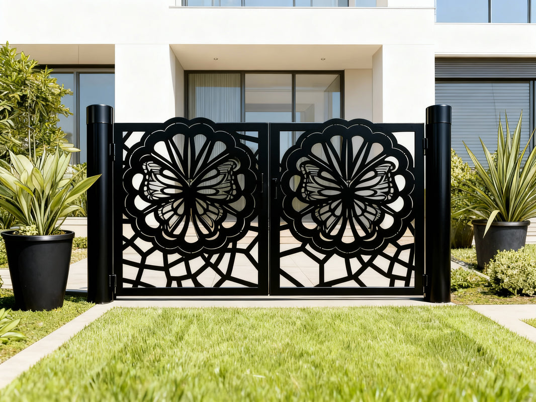 Butterweb Passage – Artistic double-panel man door with scalloped butterfly medallions and web-like geometric lattice Model # MG329