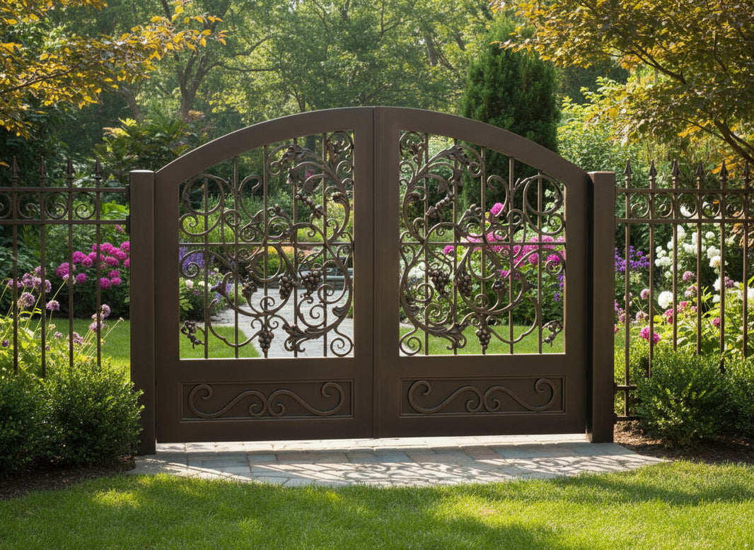 Vinecrest Elite – Ornate wrought iron man door with grapevine scrollwork and embossed lower panel Model # MG330