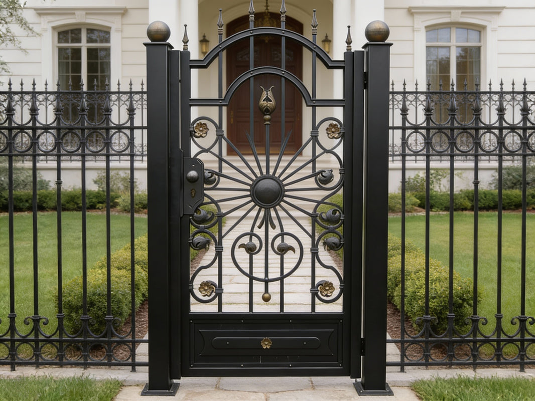 Peacirque Passage – Ornamental wrought iron man door with stylized bird crest, radial medallion, and floral scrollwork Model # MG333