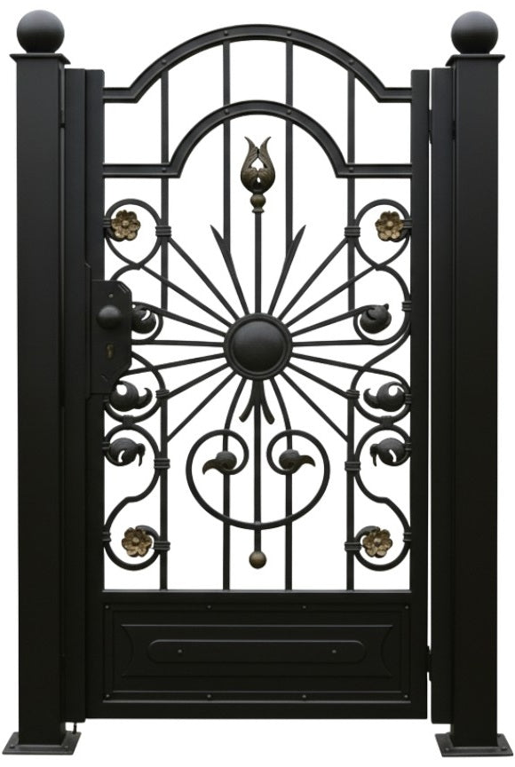Peacirque Passage – Ornamental wrought iron man door with stylized bird crest, radial medallion, and floral scrollwork Model # MG333
