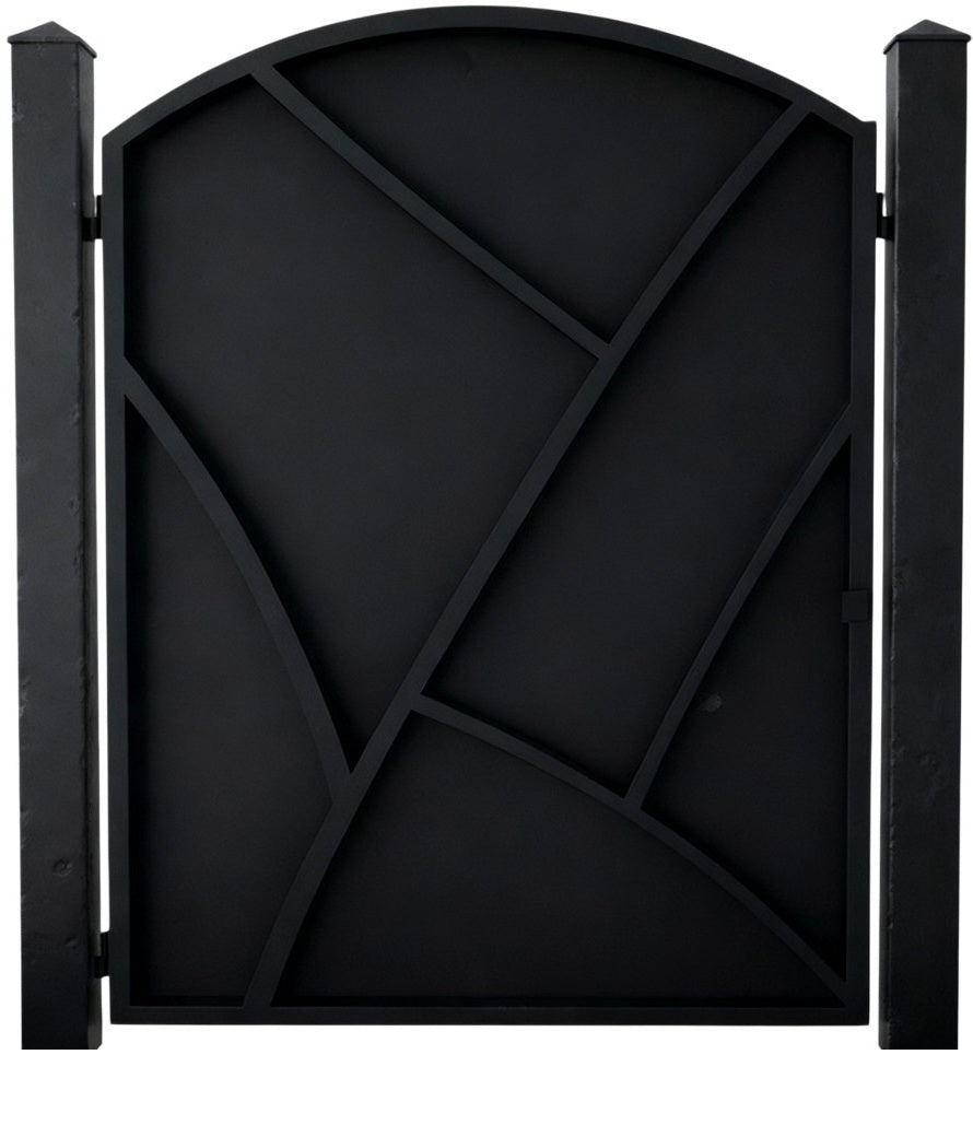 Curvegrid Passage – Rounded-top man door with abstract diagonal and curved line pattern in matte black Model # MG334