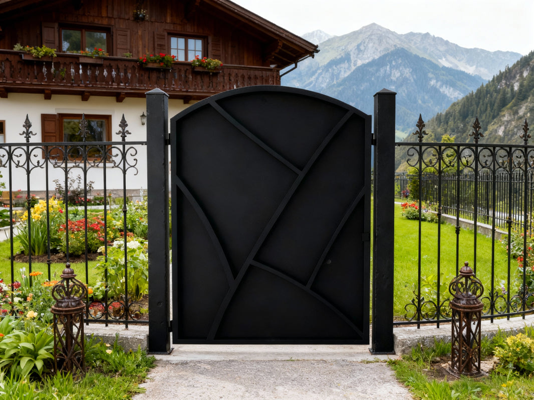 Curvegrid Passage – Rounded-top man door with abstract diagonal and curved line pattern in matte black Model # MG334