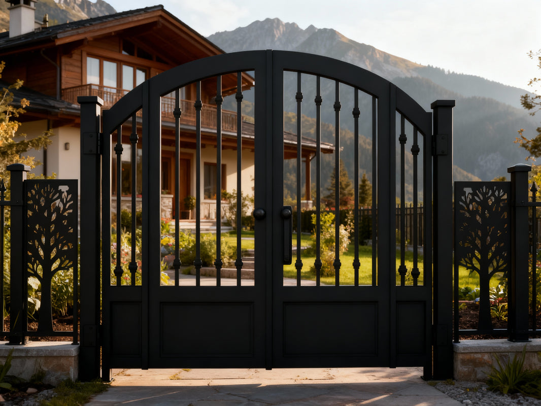 Panelcrest Passage – Arched double-panel wrought iron man door with vertical finials and raised lower panels Model # MG335