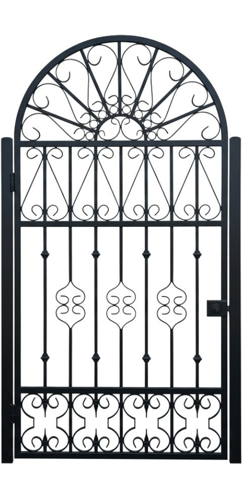 Fancrest Passage – Ornamental wrought iron man door with radiant scroll crown, vertical bar lattice, and symmetrical bottom flourish Model # MG340