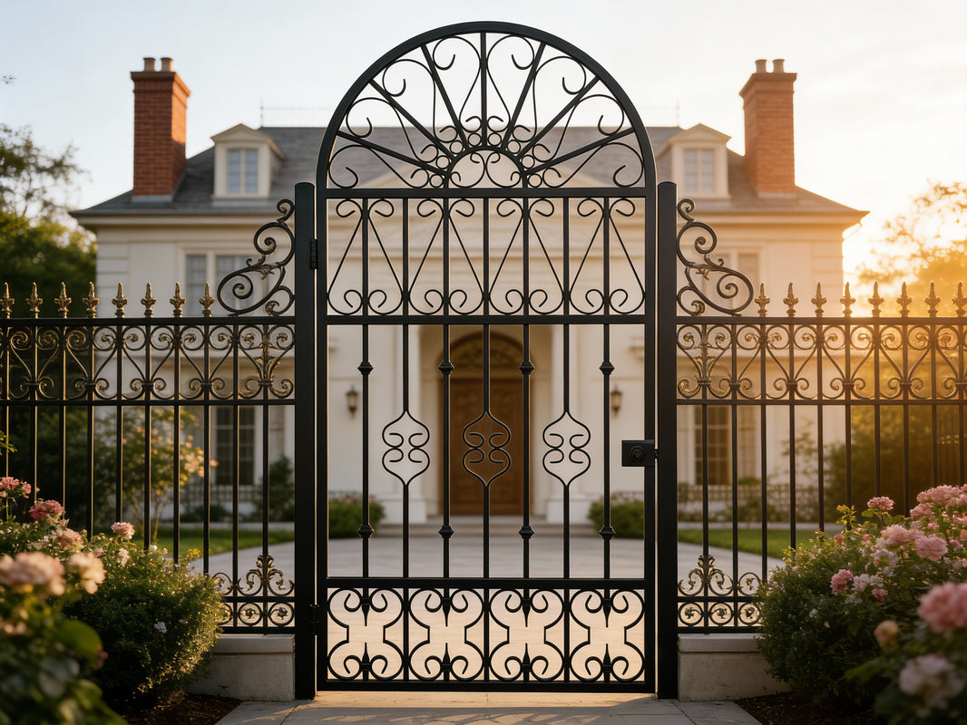 Fancrest Passage – Ornamental wrought iron man door with radiant scroll crown, vertical bar lattice, and symmetrical bottom flourish Model # MG340