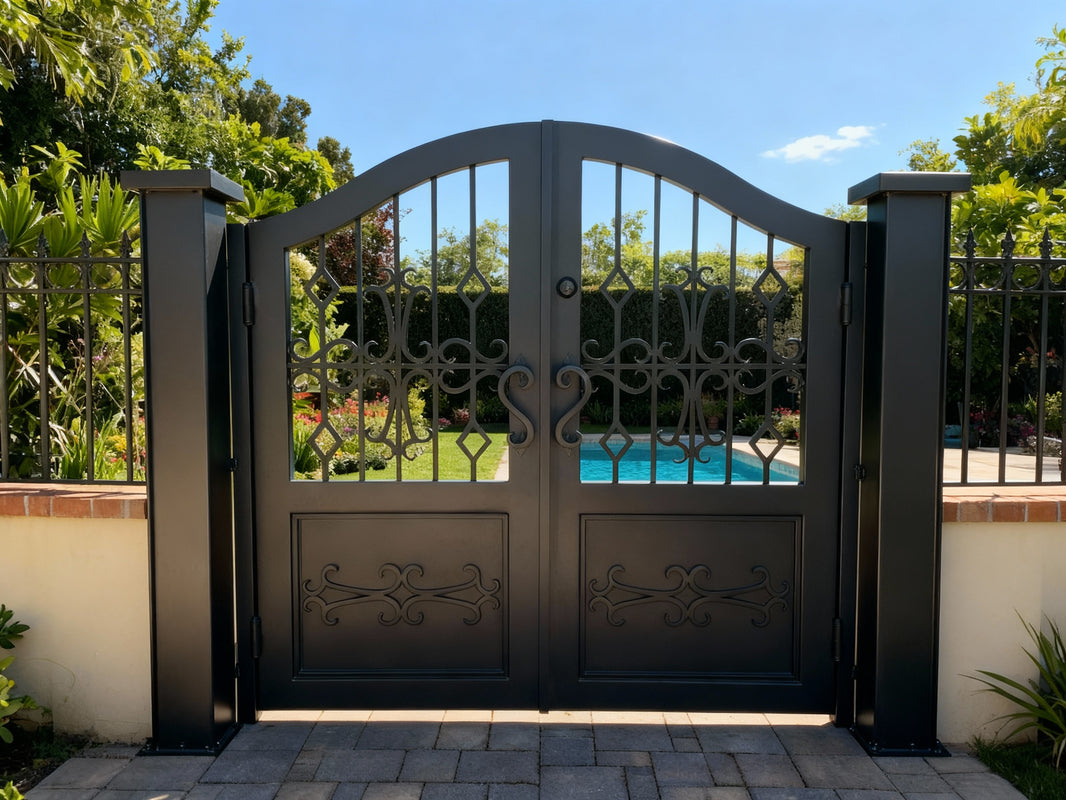 Scroll mark Passage – Ornate Wrought Iron Man Door with Embossed Panels & Arched Crest Model # MG344