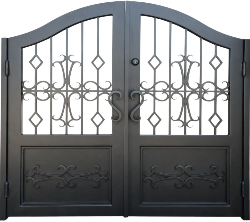 Scroll mark Passage – Ornate Wrought Iron Man Door with Embossed Panels & Arched Crest Model # MG344