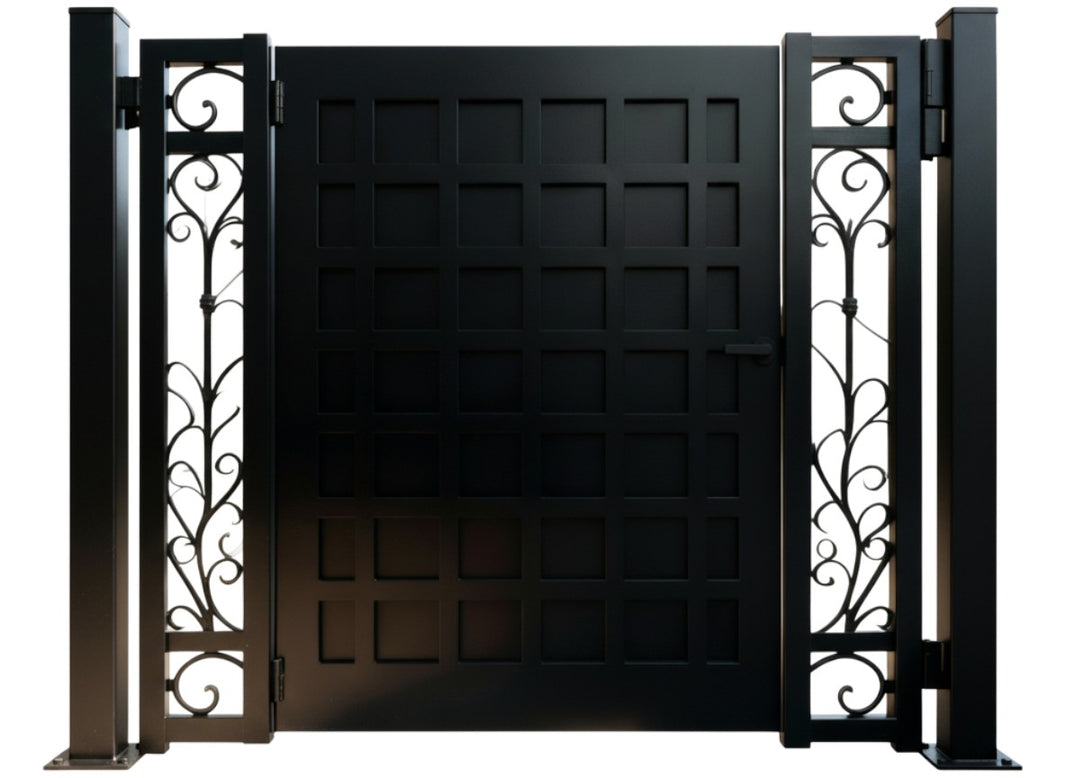 Gridbloom Passage – Hybrid triple-panel man door with central square grid and ornamental scrollwork side wings Model # MG346