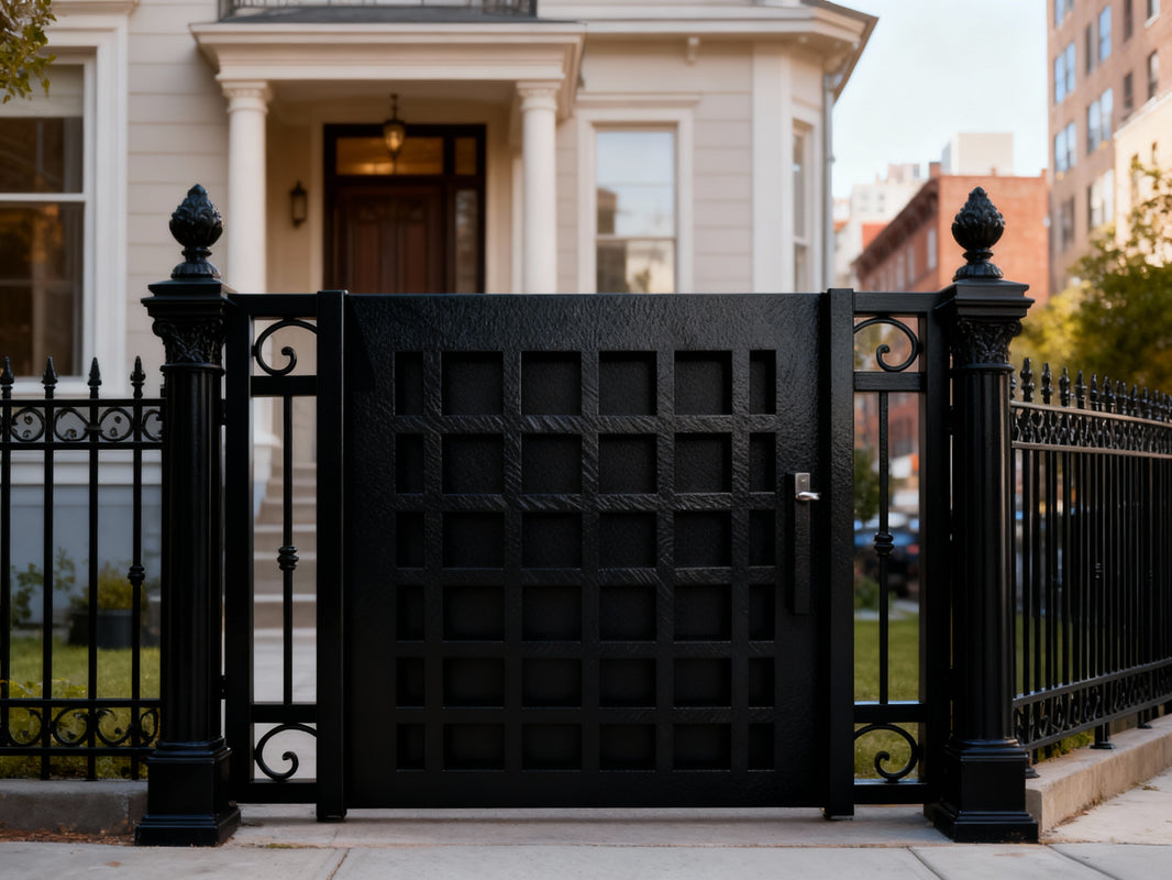 Gridbloom Passage – Hybrid triple-panel man door with central square grid and ornamental scrollwork side wings Model # MG346