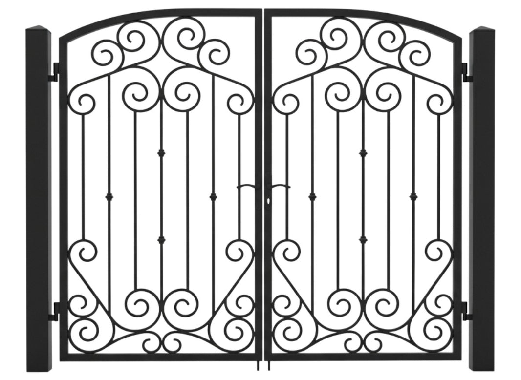 Swirlspire Passage – Ornamental wrought iron man door with vertical bar lattice, arched scroll crown, and mirrored swirl base Model # MG347