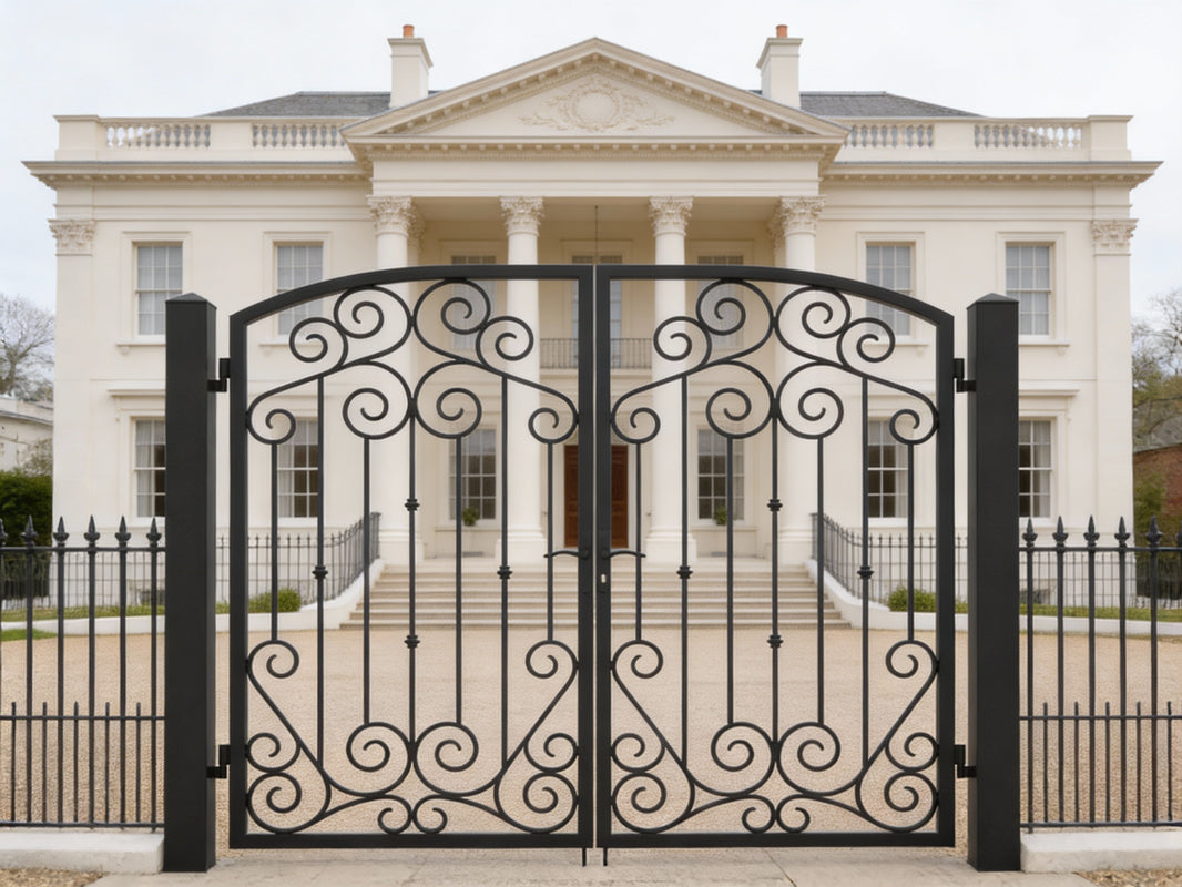 Swirlspire Passage – Ornamental wrought iron man door with vertical bar lattice, arched scroll crown, and mirrored swirl base Model # MG347