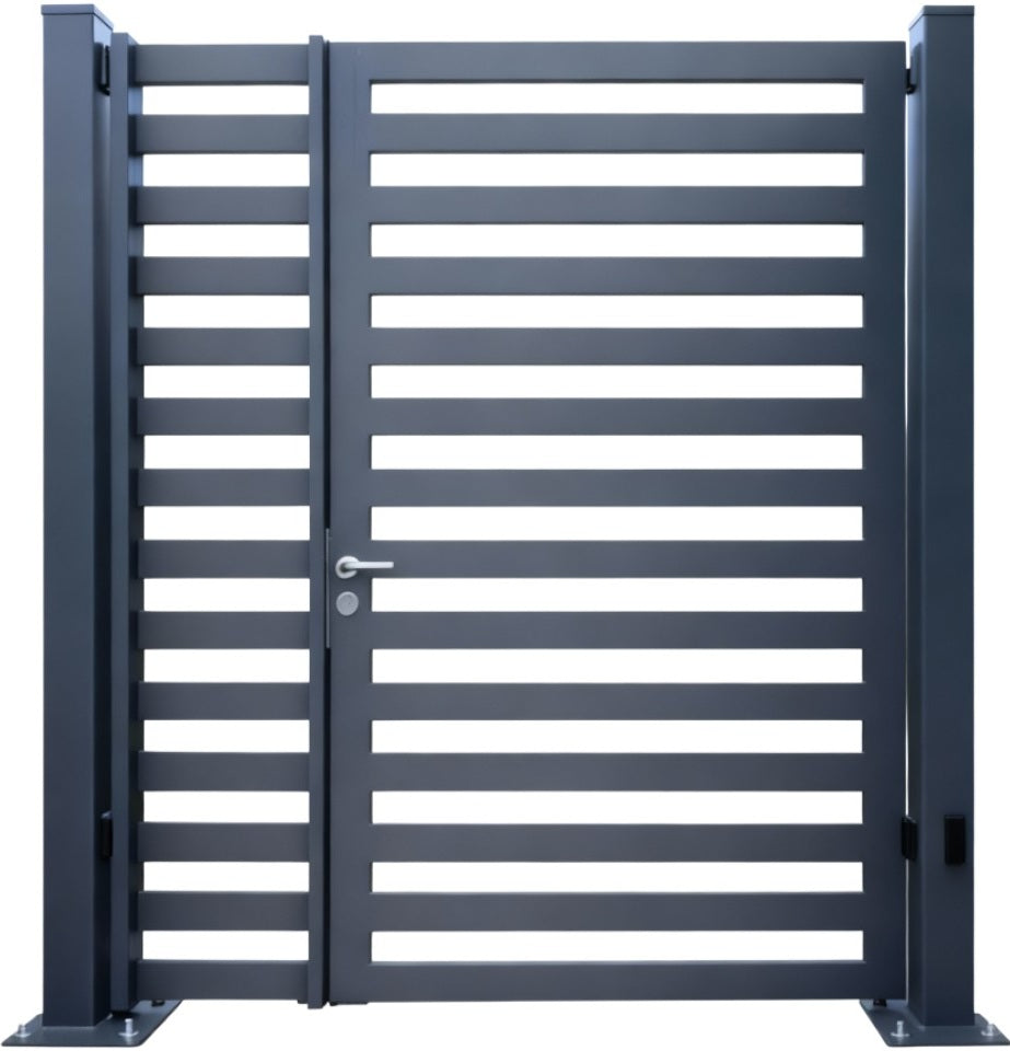 Slatline Passage – Contemporary three-panel man door with horizontal slats and minimalist framing Model # MG348