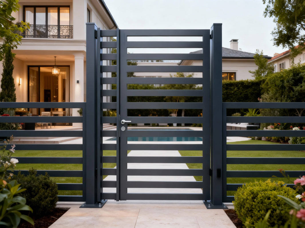 Slatline Passage – Contemporary three-panel man door with horizontal slats and minimalist framing Model # MG348