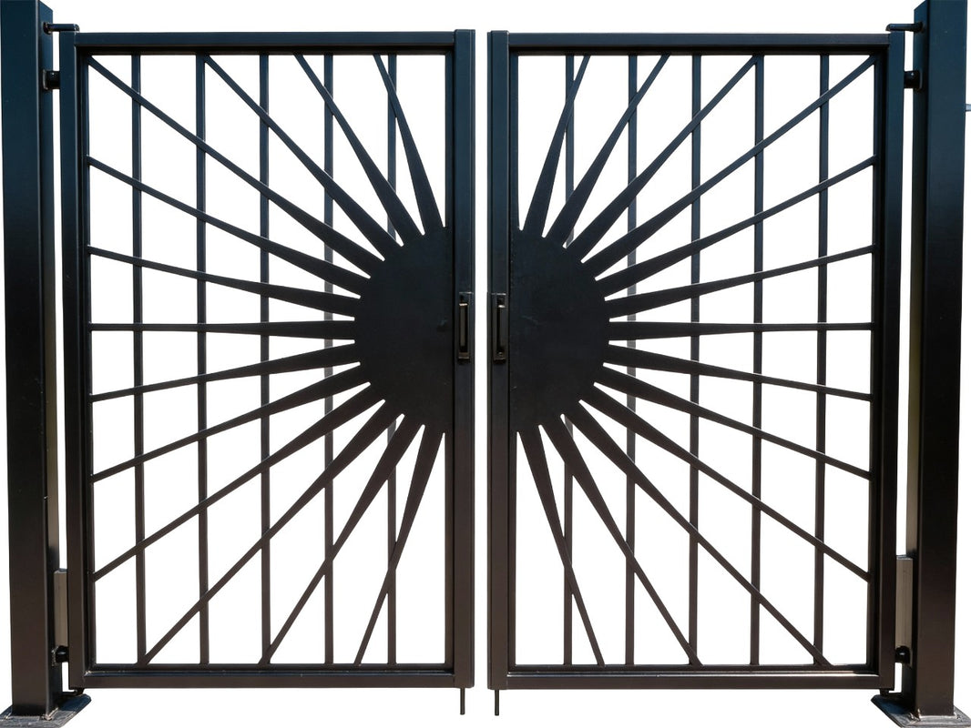 Solflare Luxe – Ornamental wrought iron man door with sunburst medallion, circular symmetry, and classical estate framing Model # MG349