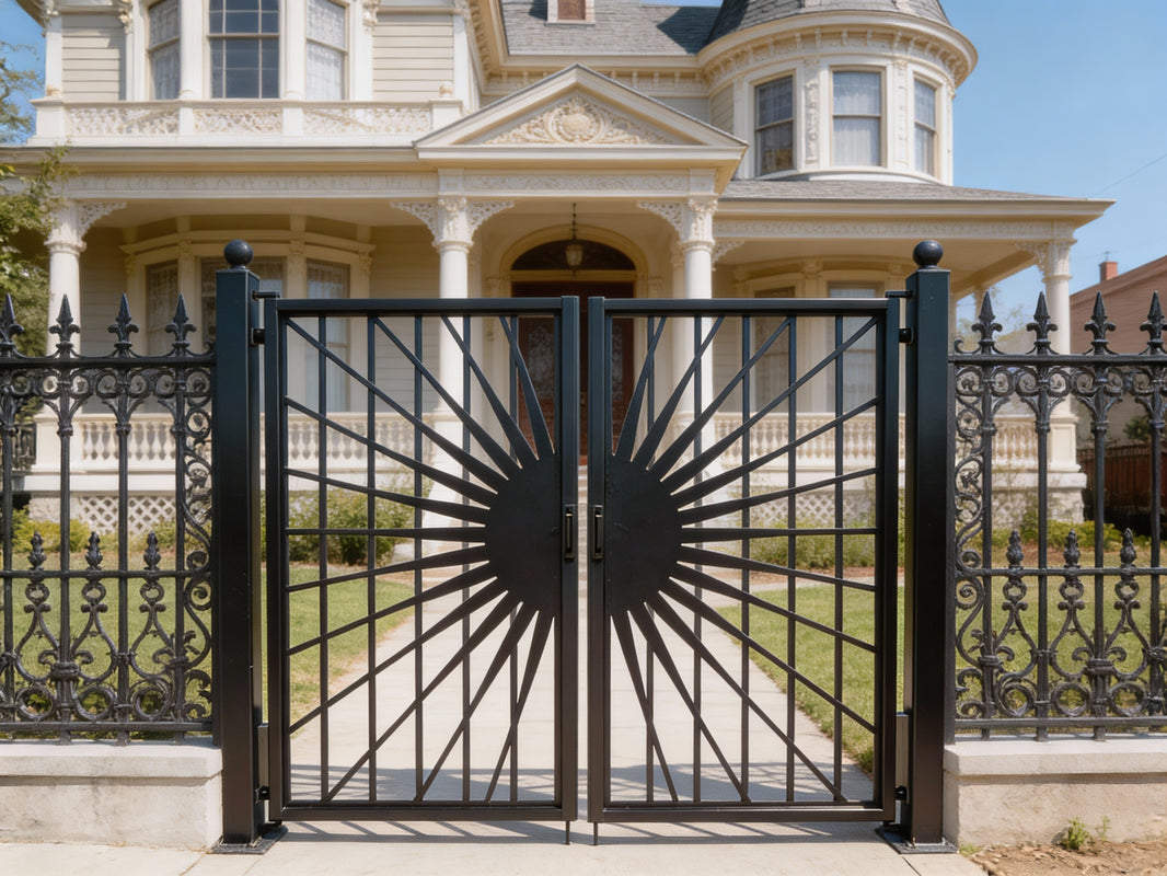 Solflare Luxe – Ornamental wrought iron man door with sunburst medallion, circular symmetry, and classical estate framing Model # MG349