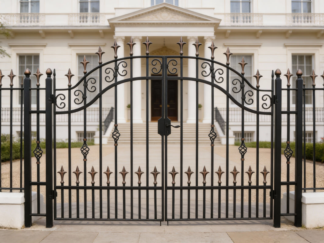 Spearcrest Passage – Ornamental wrought iron man door with alternating spear finials, diamond lattice, and arched scroll crown Model # MG400