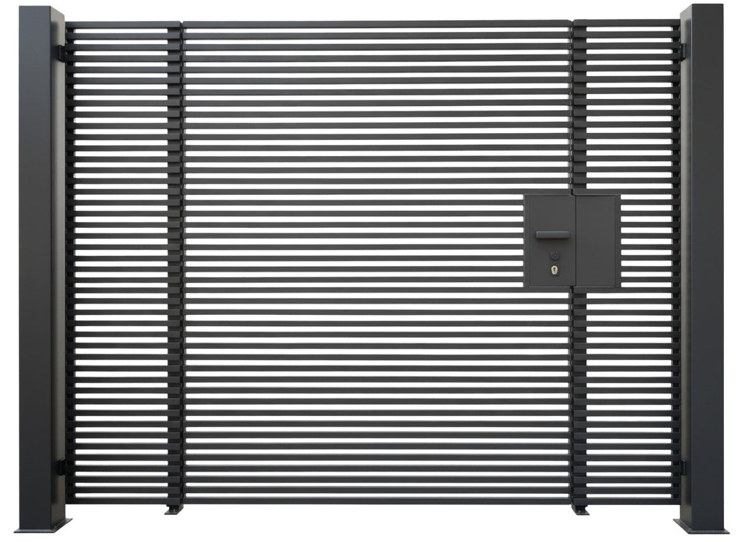 Slatbox Passage – Modern horizontal slat man door with integrated mailbox and secure lock system Model # MG401
