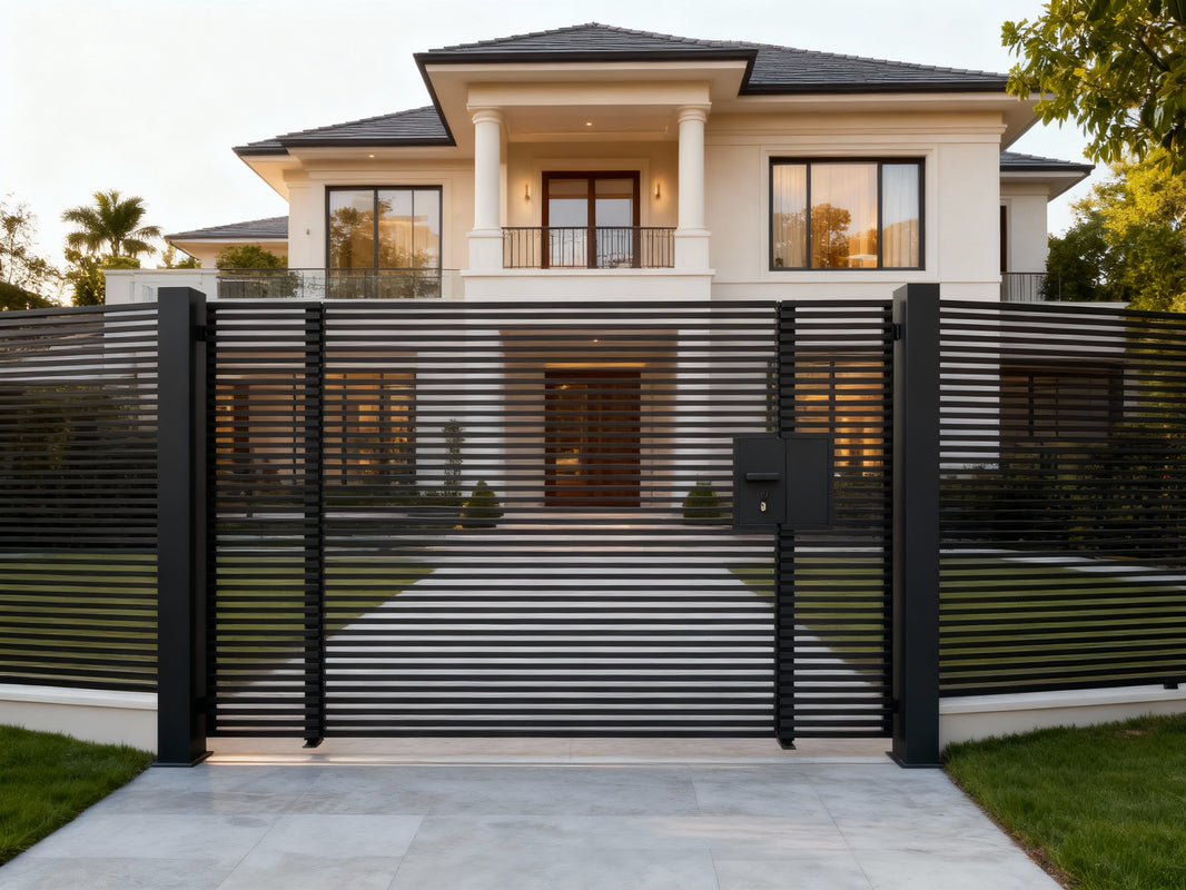 Slatbox Passage – Modern horizontal slat man door with integrated mailbox and secure lock system Model # MG401