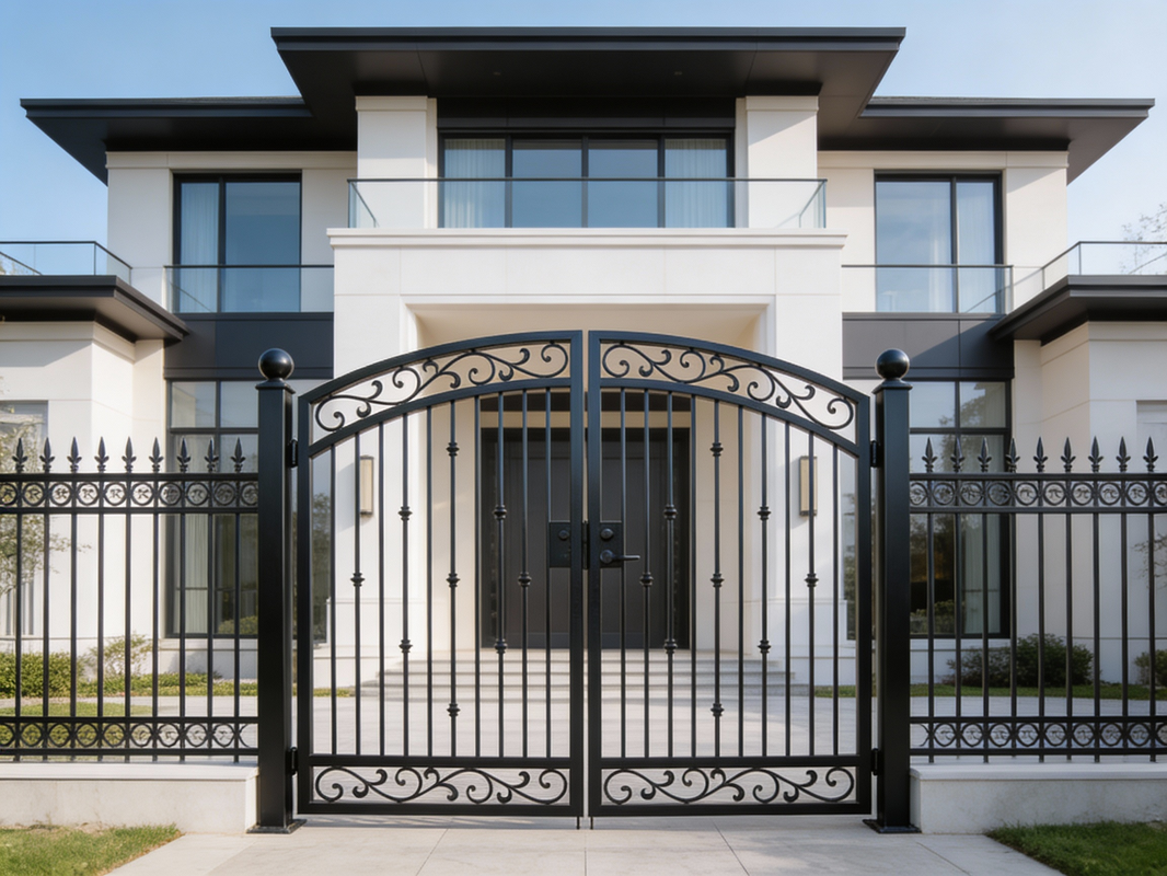 Knucklecrest Passage – Ornamental wrought iron man door with decorative knuckles, arched scroll crown, and symmetrical twin-panel layout Model # MG402