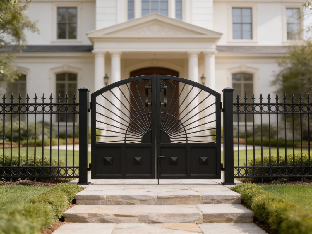 Solflare Passage – Ornamental wrought iron man door with sunburst medallions, scrollwork accents, and pyramid panel texture Model # MG403