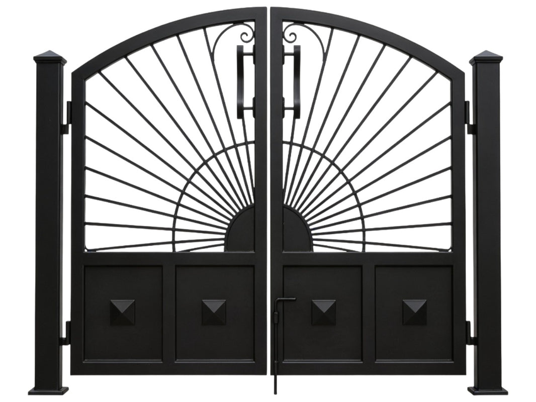 Solflare Passage – Ornamental wrought iron man door with sunburst medallions, scrollwork accents, and pyramid panel texture Model # MG403