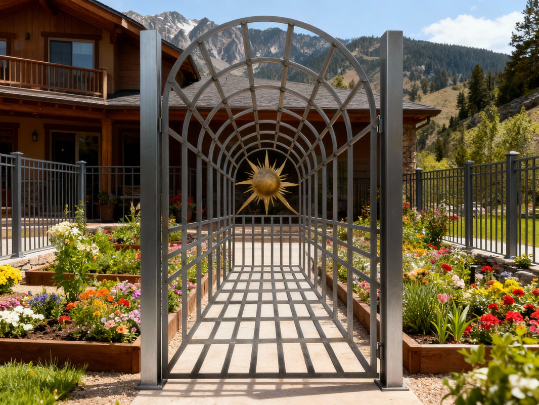 Stargrid Passage – Geometric man door with tunnel illusion and radiant sunburst focal point Model # MG406