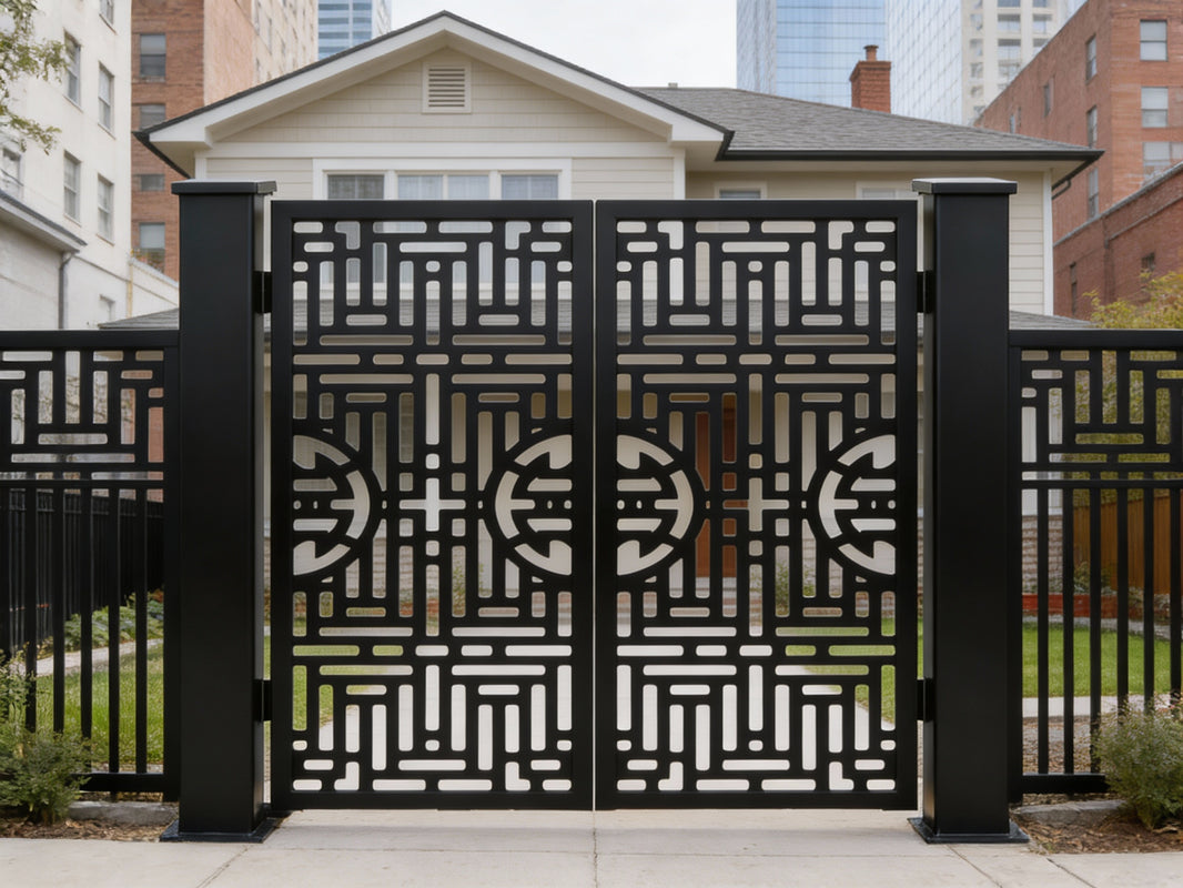 Geoform Passage – Modern ornamental metal man door with geometric cutouts, circular medallions, and symmetrical twin-panel layout Model # MG484
