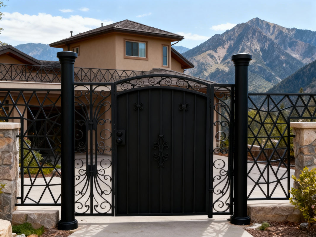 Floracrest Passage – Ornamental triple-panel wrought iron man door with central floral medallion and scrollwork side wings Model # MG497