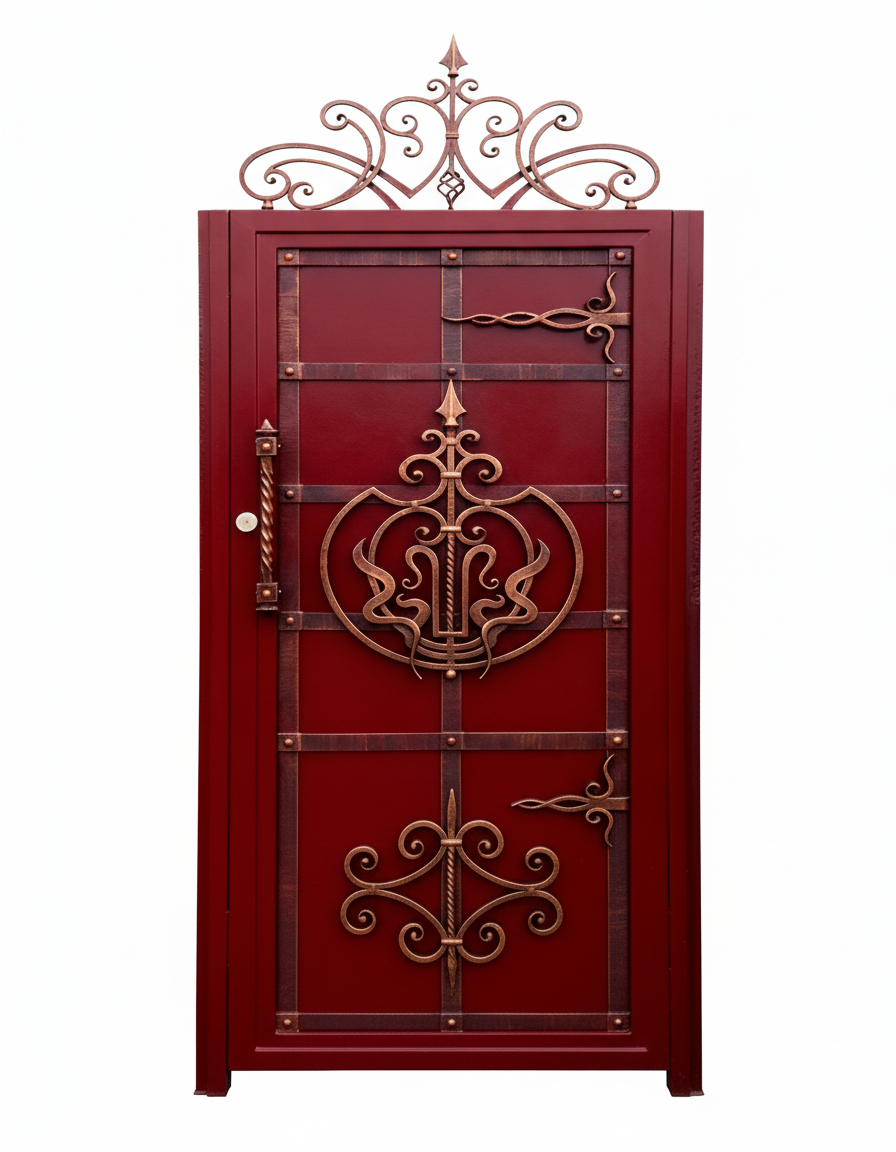 Emblemveil Passage – Ornamental wrought iron man door with bronze crestwork, scroll accents, and regal arch silhouette Model # MG714
